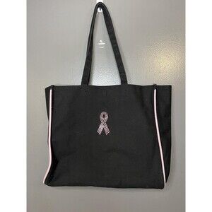 Pink Ribbon Awareness Tote Bag Womens Medium Black Canvas Shoulder Lined